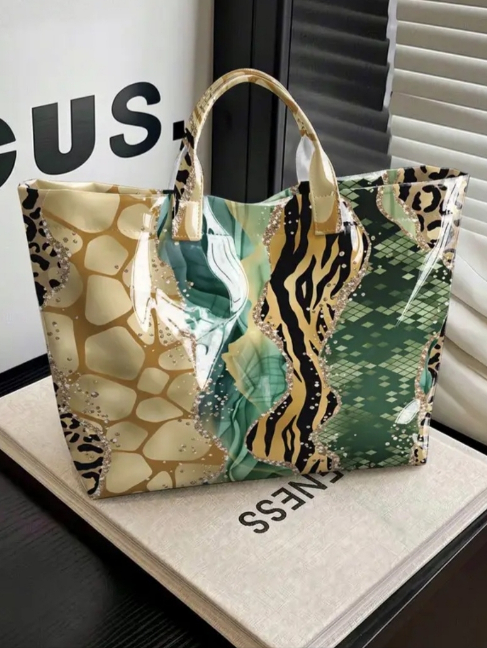 Tote Bag Purse  Multicolor Patterned High Gloss  in Teal, Tan & Beige. New